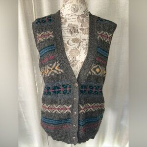 Eddie Bauer Charcoal Multicolor Fair Isle Cardigan Sweater Vest